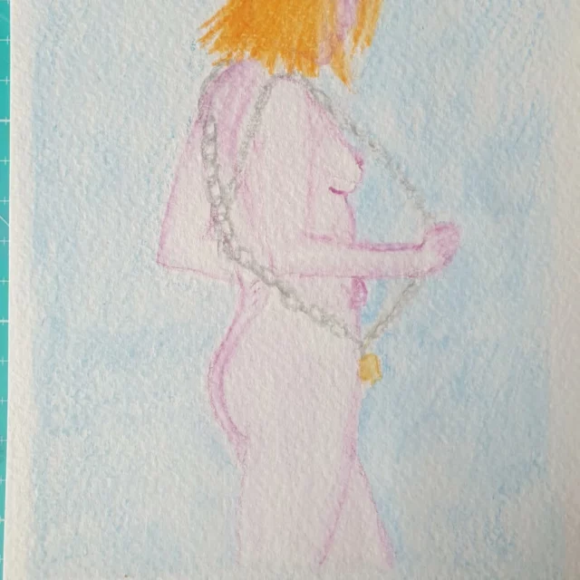 Vulnérabilité et  liberté restreinte. Réalisée à l’aquarelle, elle illustre une silhouette féminine aux teintes douces, ornée d’une chaîne subtilement dessinée, évoquant des thèmes profonds de liens, d’attachement et d’émancipation. La chevelure éclatante contraste avec le fond bleu léger, créant une harmonie visuelle apaisante et intrigante.

Dimensions : 12X16cm

À vendre, prix tout doux : lien en bio

#aquarelle 
#femmefatale
#eroticart